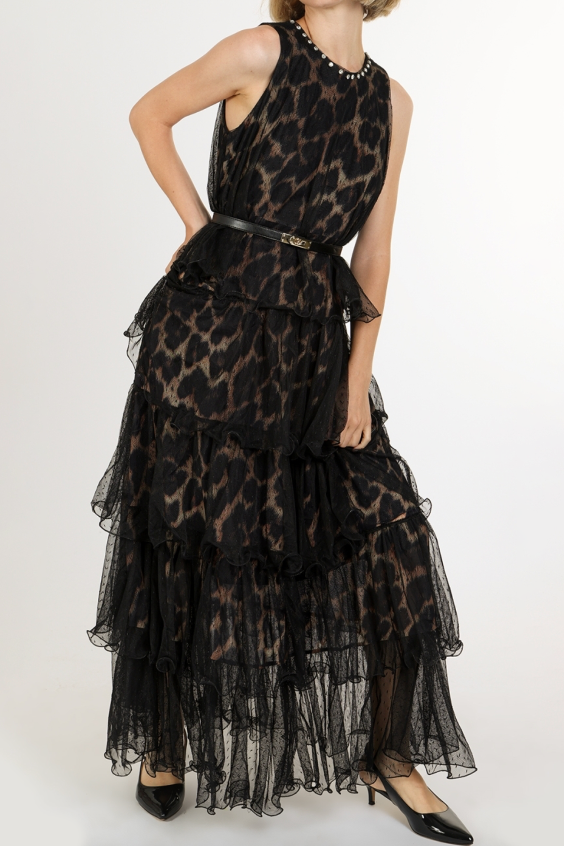 Mesh Leopard Print Rhinestone Rivets Ruffle Maxi Dress With Belt