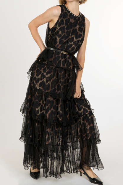 Mesh Leopard Print Rhinestone Rivets Ruffle Maxi Dress With Belt