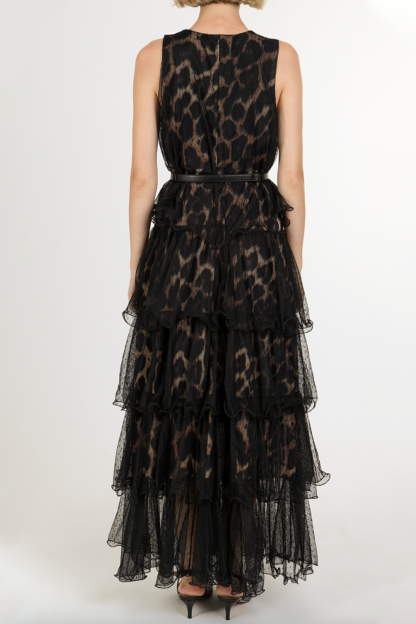 Mesh Leopard Print Rhinestone Rivets Ruffle Maxi Dress With Belt