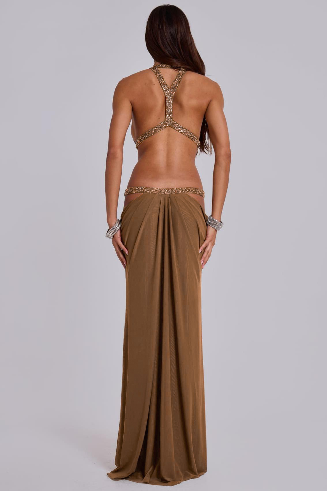 Mesh Cut-Out Rhinestone Maxi Dress