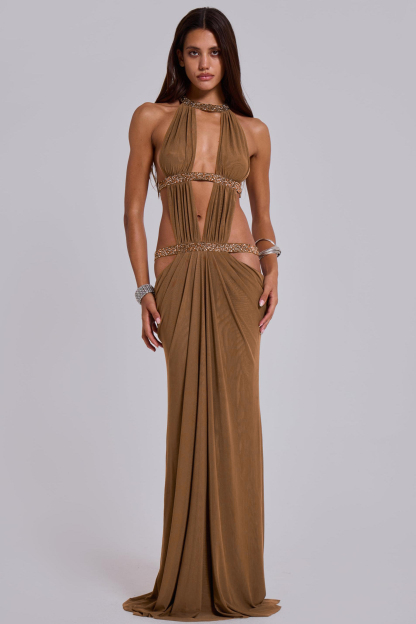Mesh Cut-Out Rhinestone Maxi Dress