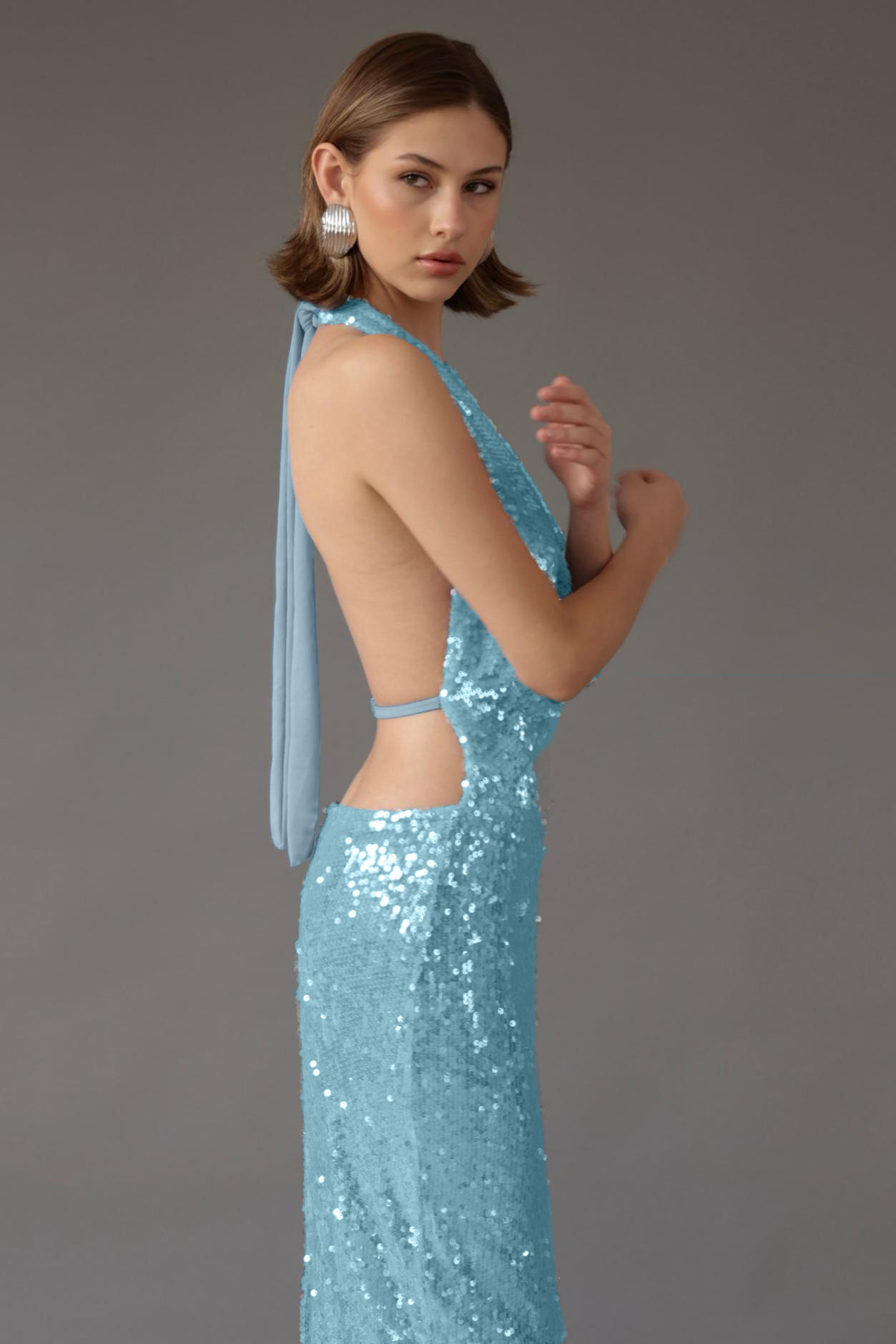 Sequin Swing Collar Lace-Up Maxi Dress