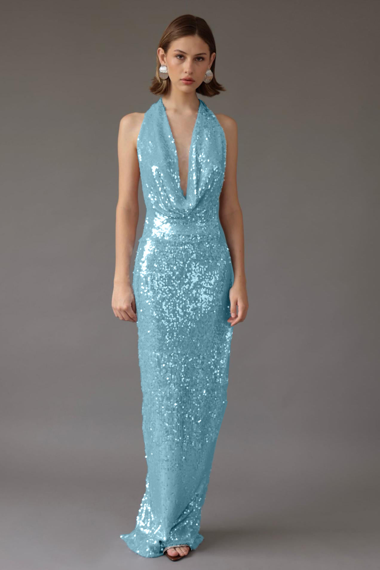 Sequin Swing Collar Lace-Up Maxi Dress