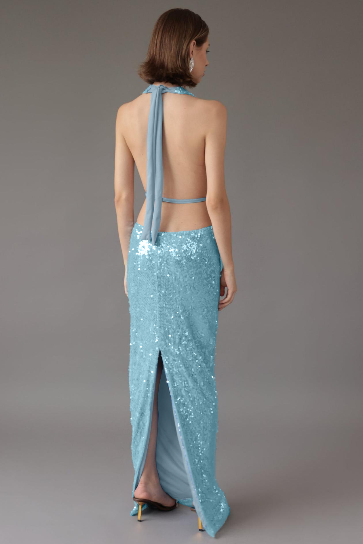 Sequin Swing Collar Lace-Up Maxi Dress