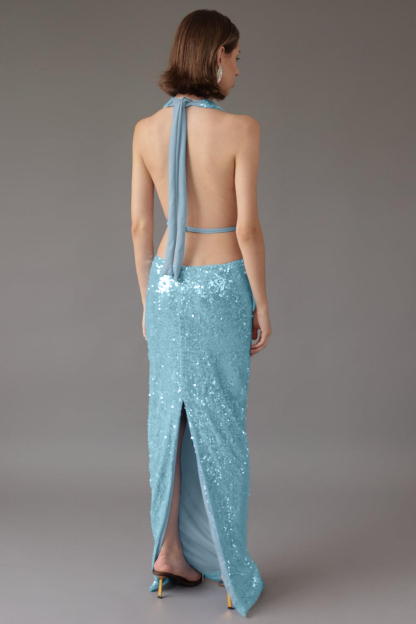 Sequin Swing Collar Lace-Up Maxi Dress