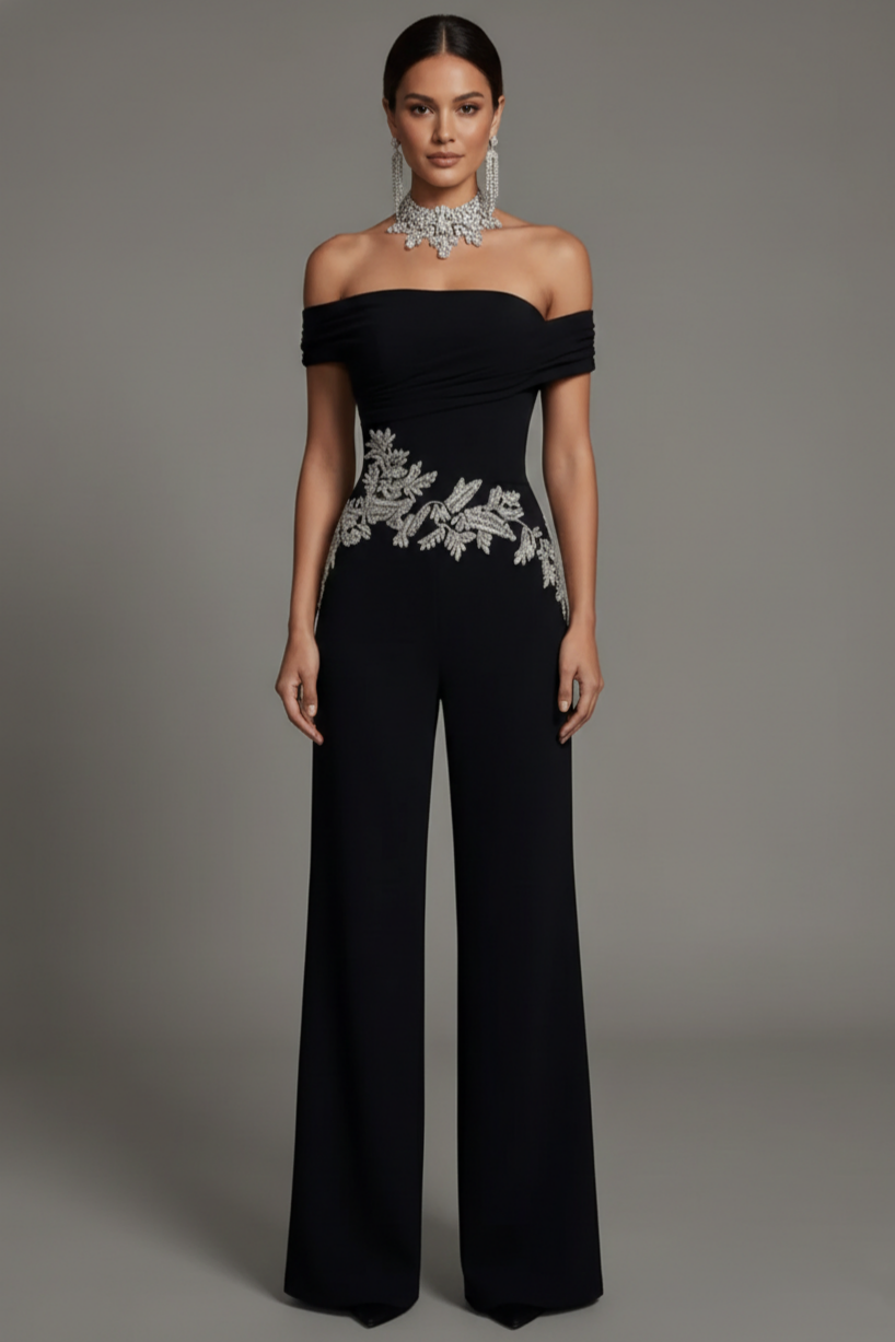 Bandage Off Shoulder Rhinestone High Waist Jumpsuit