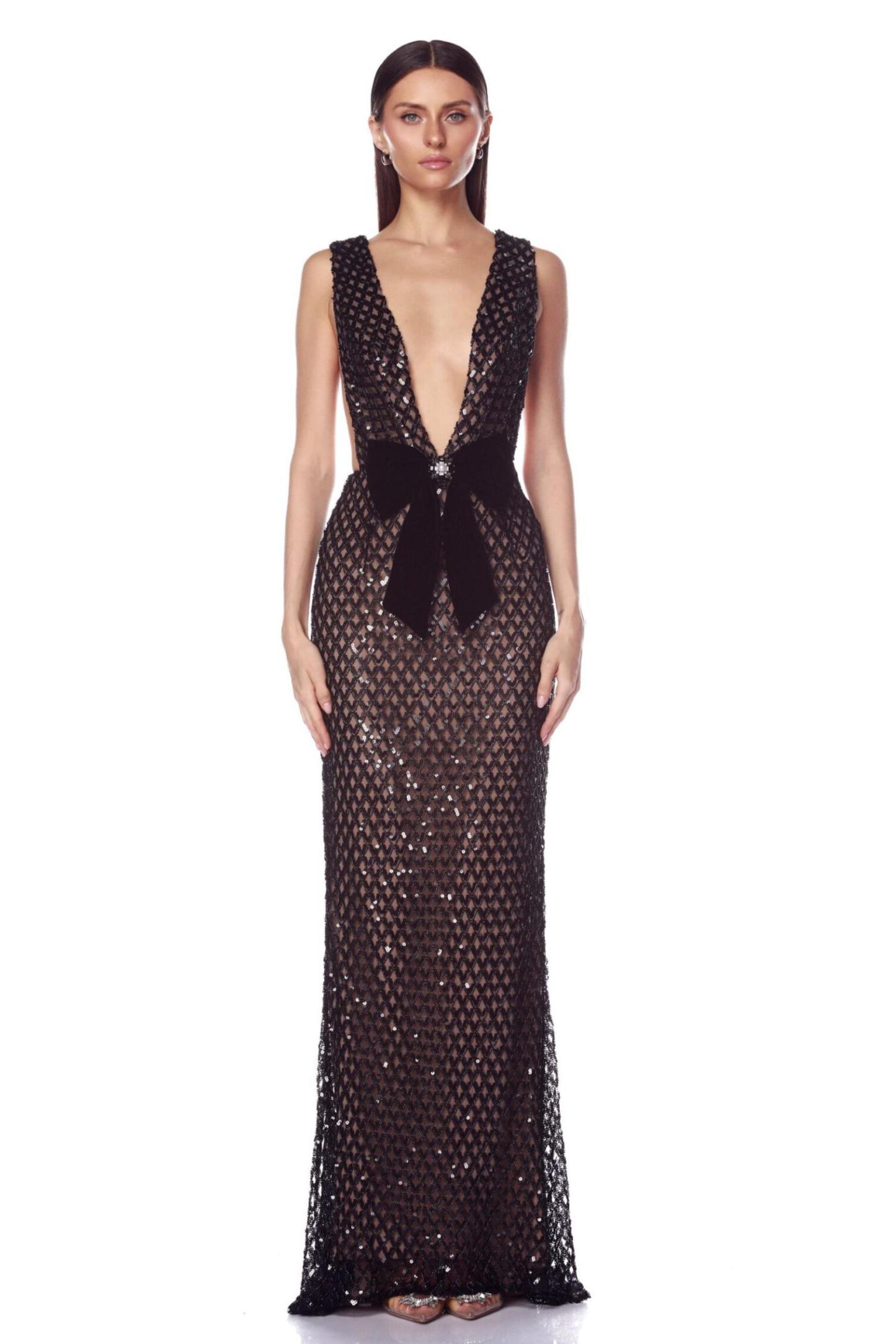 Sequin V-Neck Bow Maxi Dress
