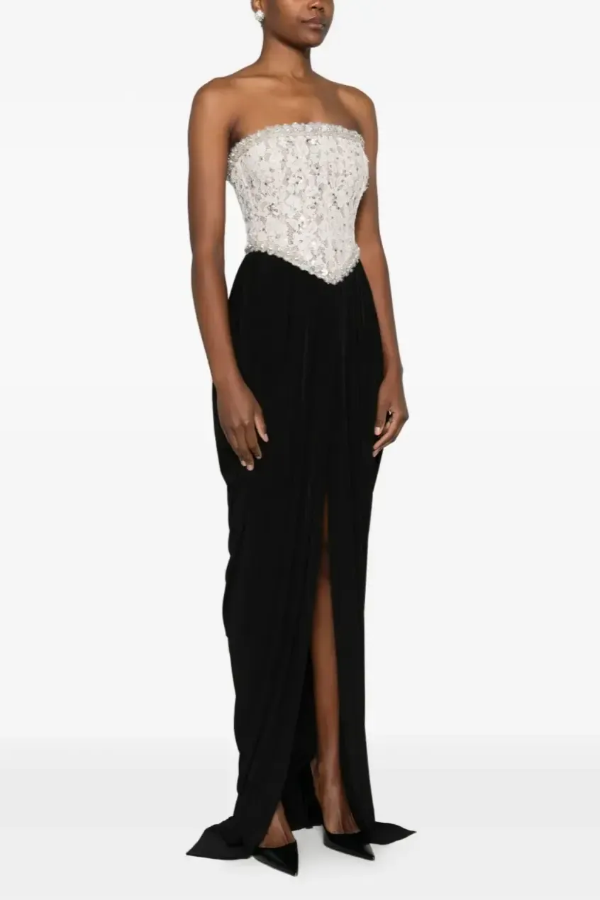 Off-Shoulder Sequin Trimmed Slit Maxi Dress