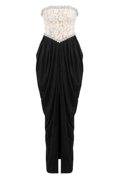 Off-Shoulder Sequin Trimmed Slit Maxi Dress