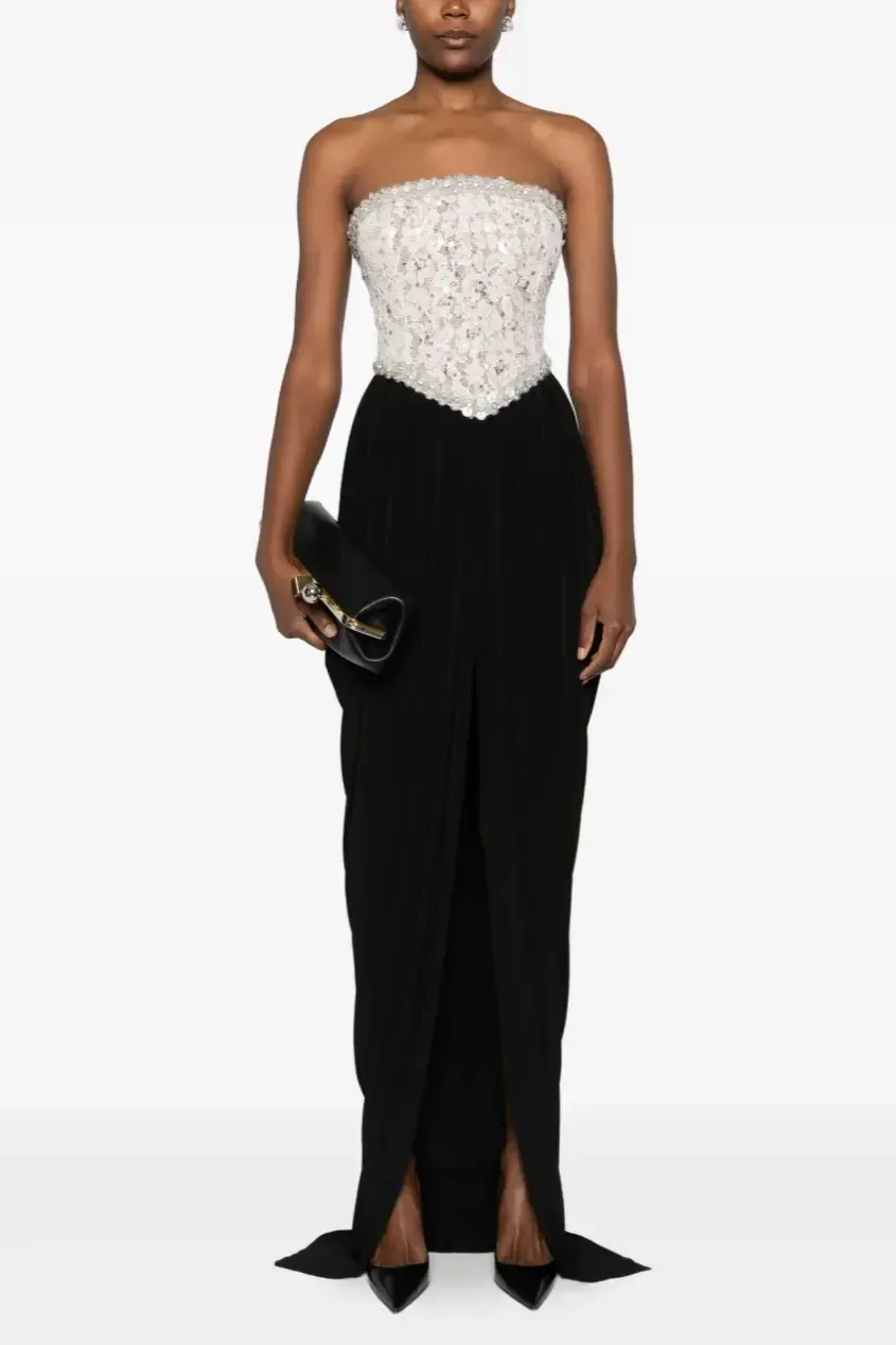 Off-Shoulder Sequin Trimmed Slit Maxi Dress