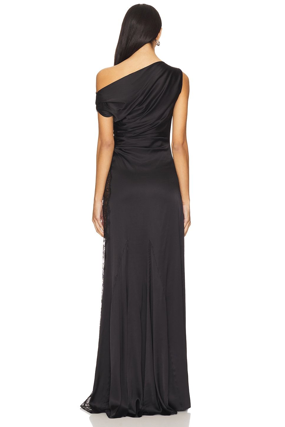 Satin Splicing Lace Gathering Skew Collar Maxi Dress