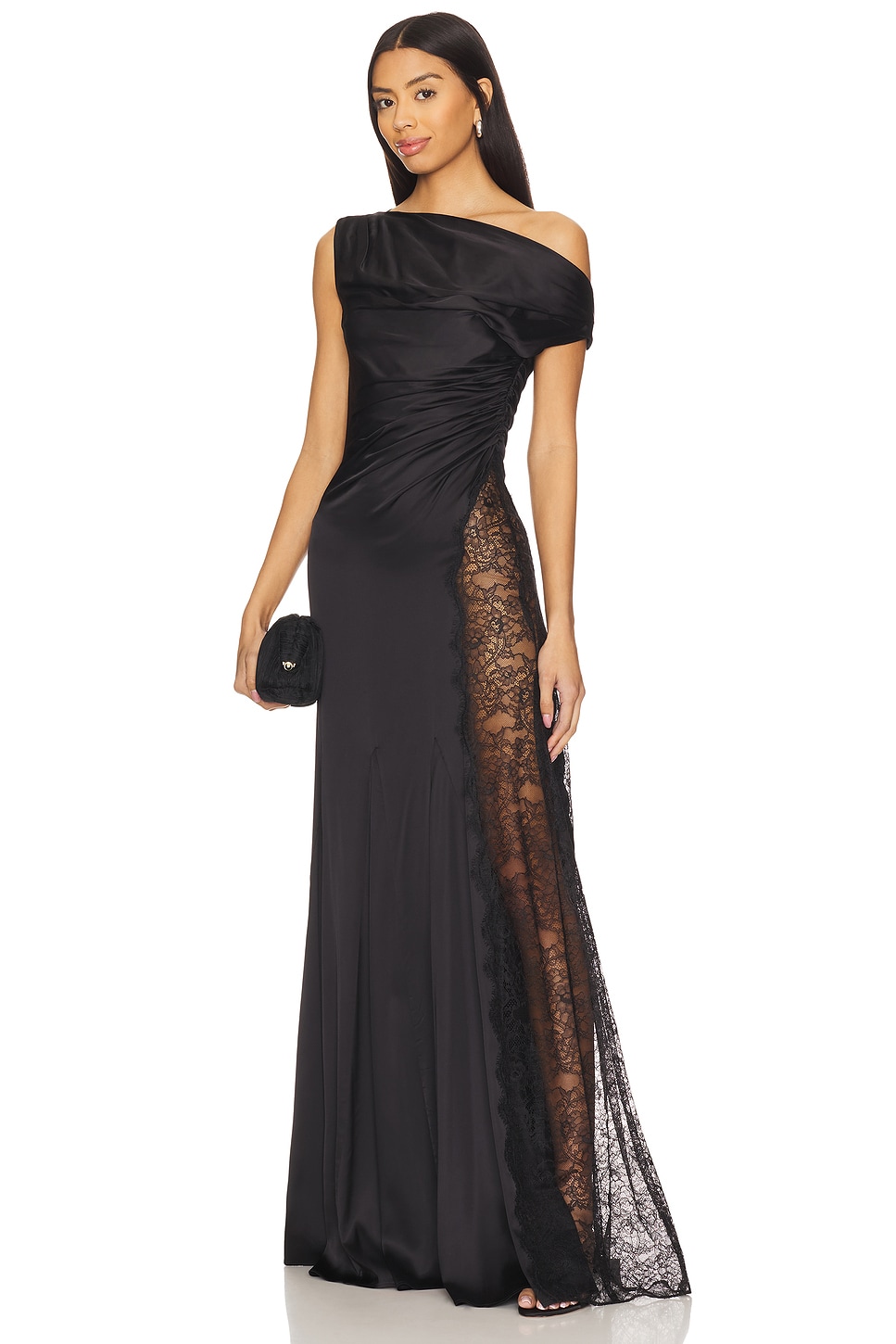 Satin Splicing Lace Gathering Skew Collar Maxi Dress