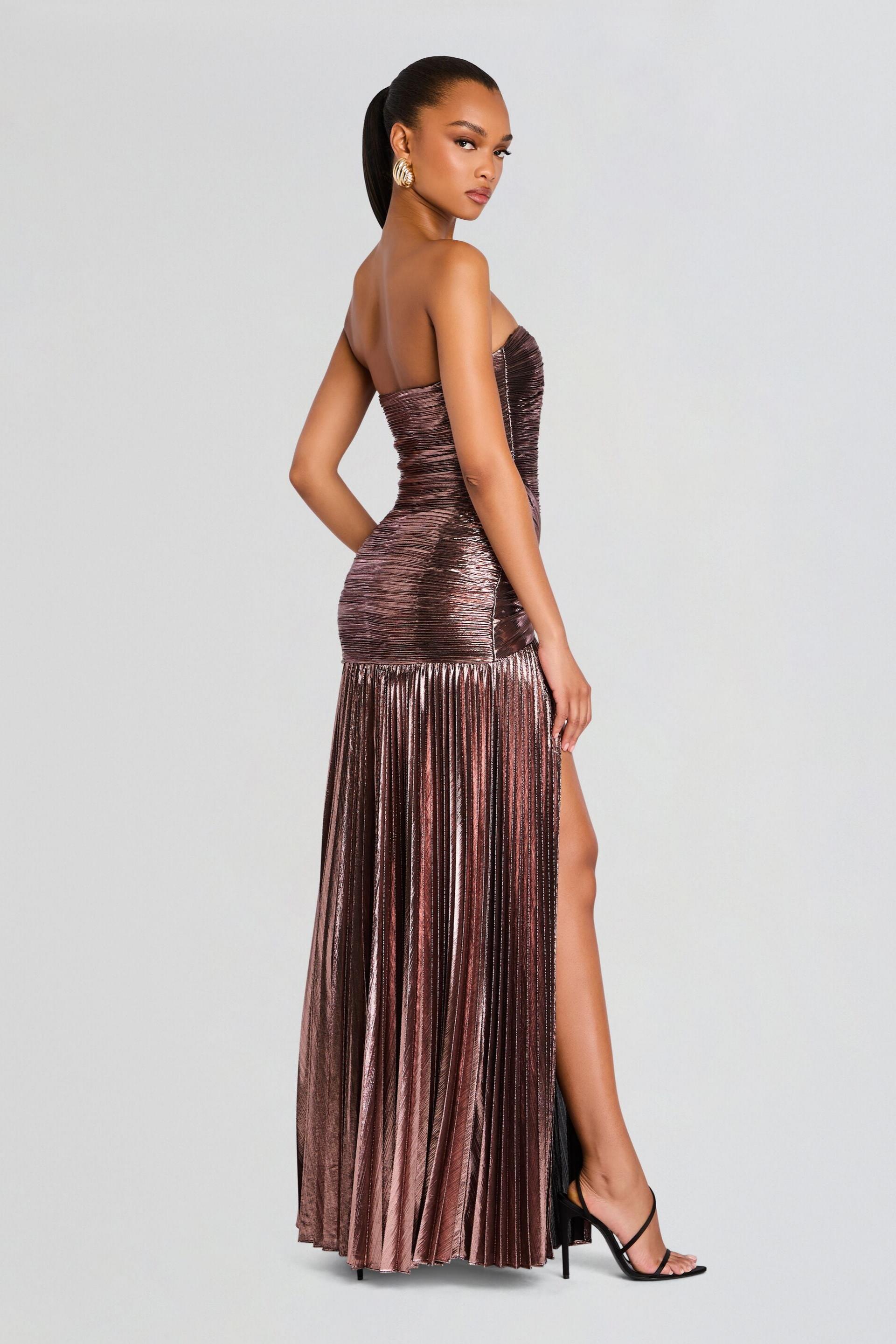 Metallic Fabric Strapless Pleated Maxi Dress
