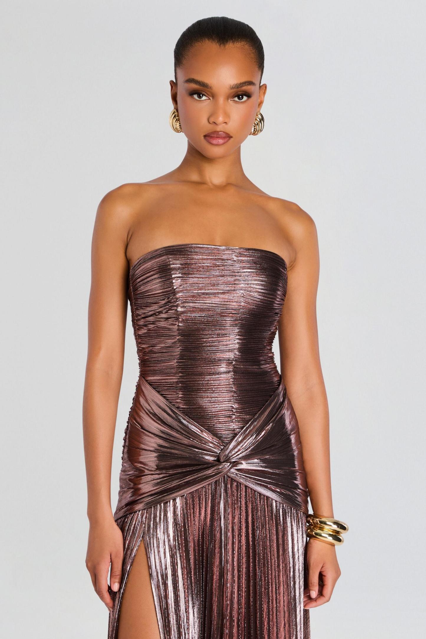 Metallic Fabric Strapless Pleated Maxi Dress
