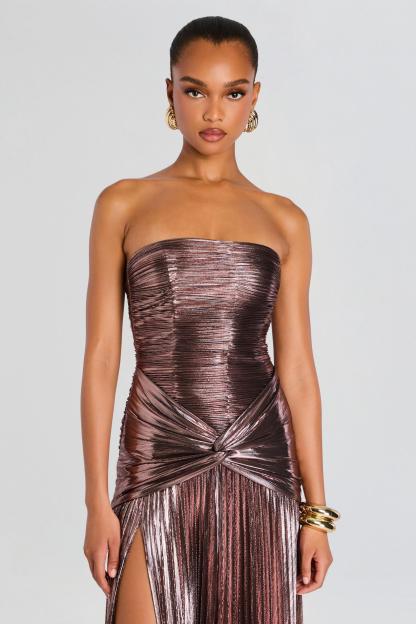 Metallic Fabric Strapless Pleated Maxi Dress