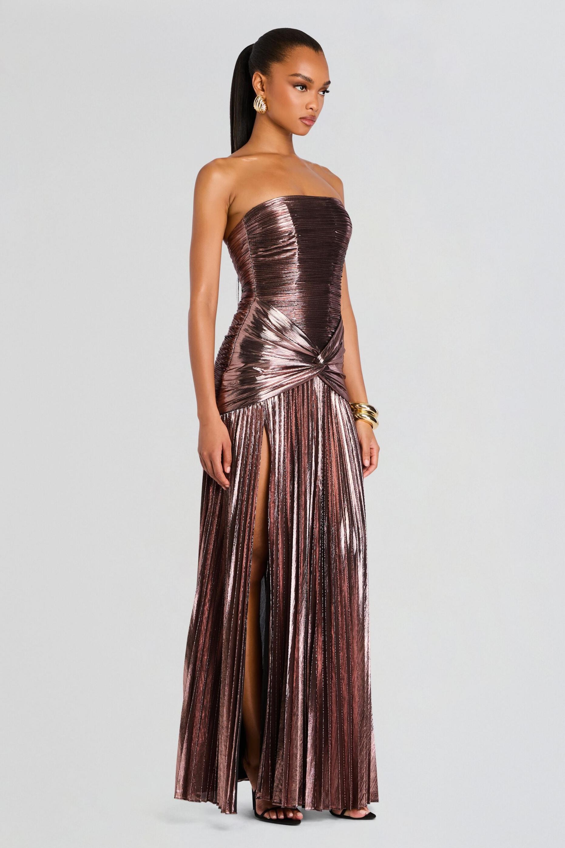 Metallic Fabric Strapless Pleated Maxi Dress