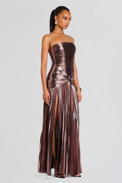 Metallic Fabric Strapless Pleated Maxi Dress