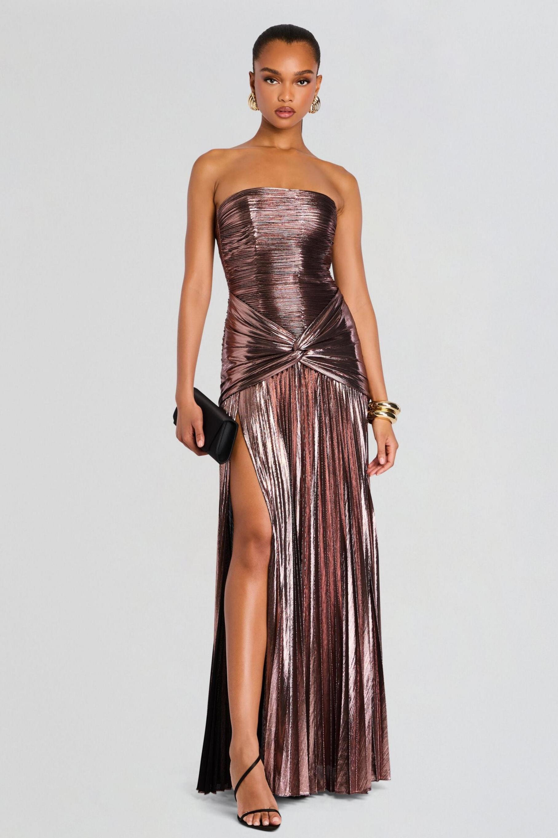 Metallic Fabric Strapless Pleated Maxi Dress