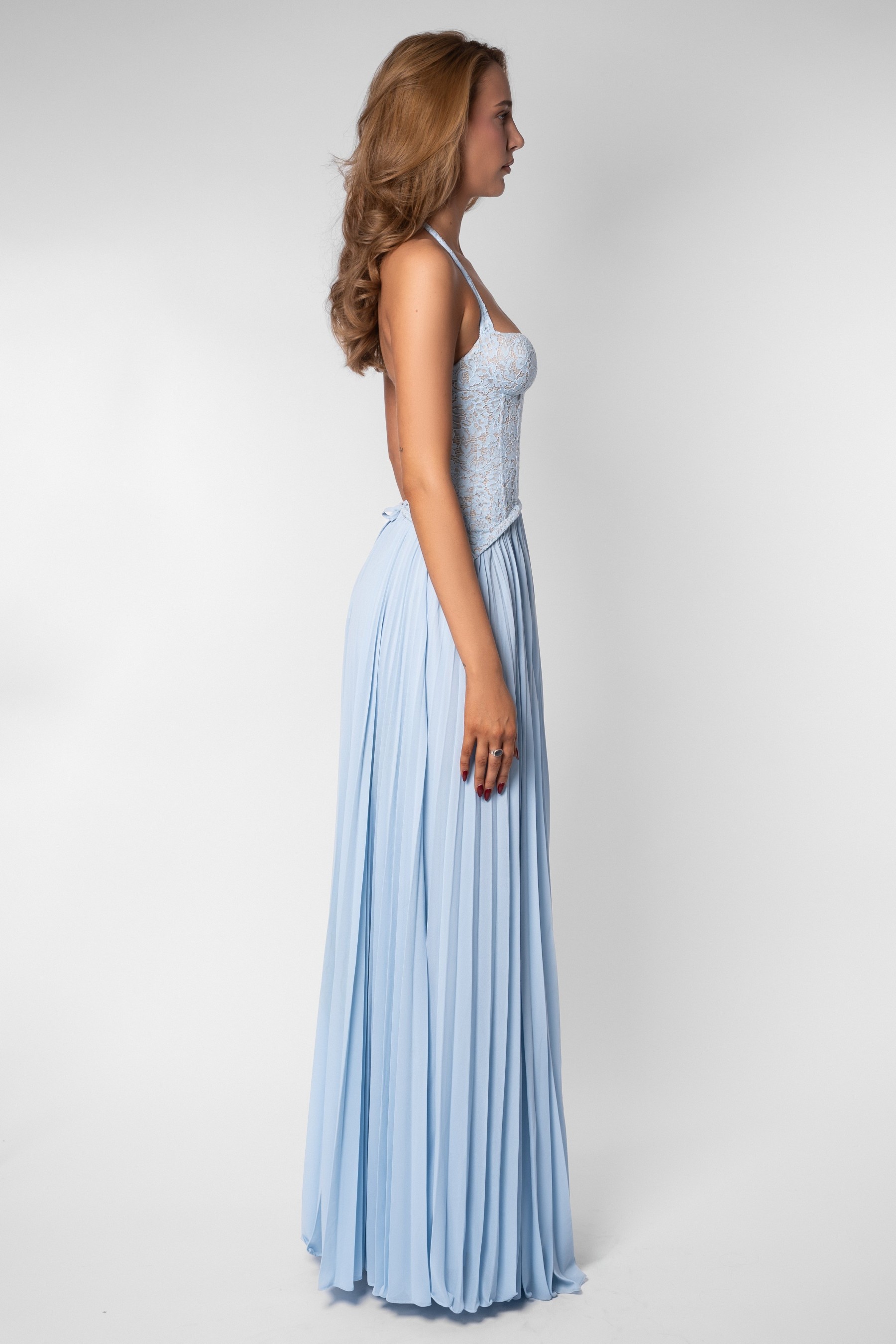 Sweetheart Neck Lace Splicing Chiffon Pleated Maxi Dress