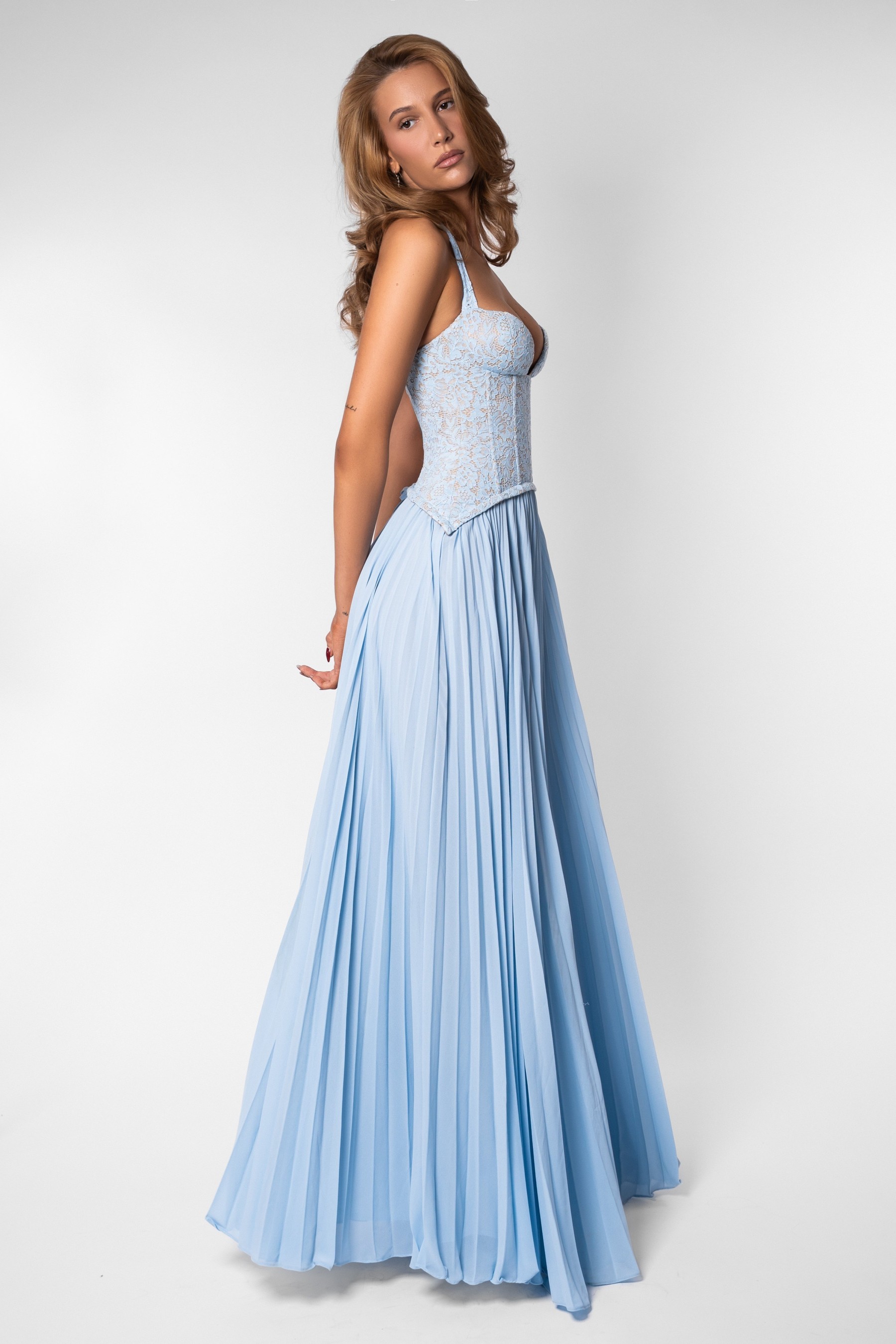 Sweetheart Neck Lace Splicing Chiffon Pleated Maxi Dress