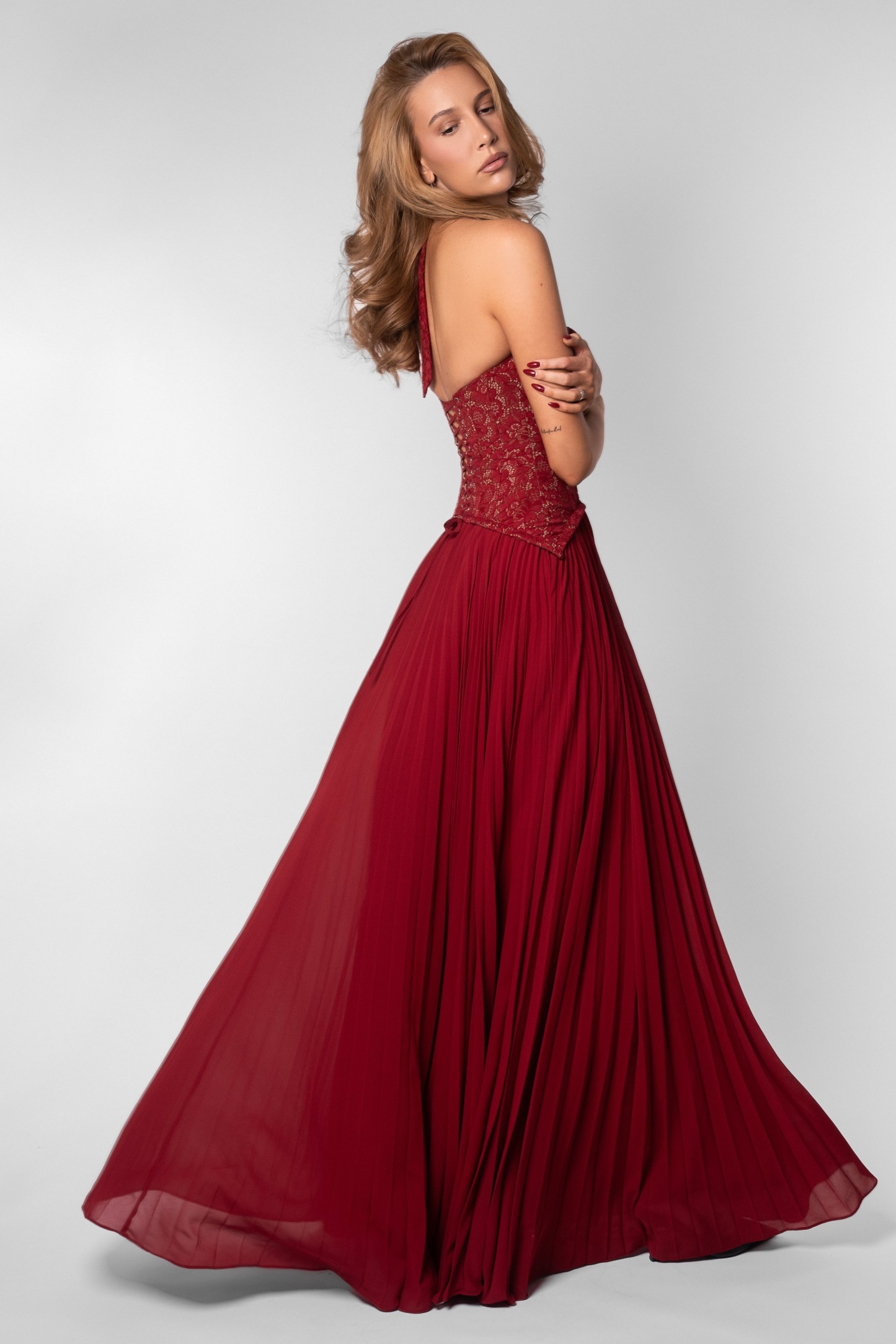 Sweetheart Neck Lace Splicing Chiffon Pleated Maxi Dress