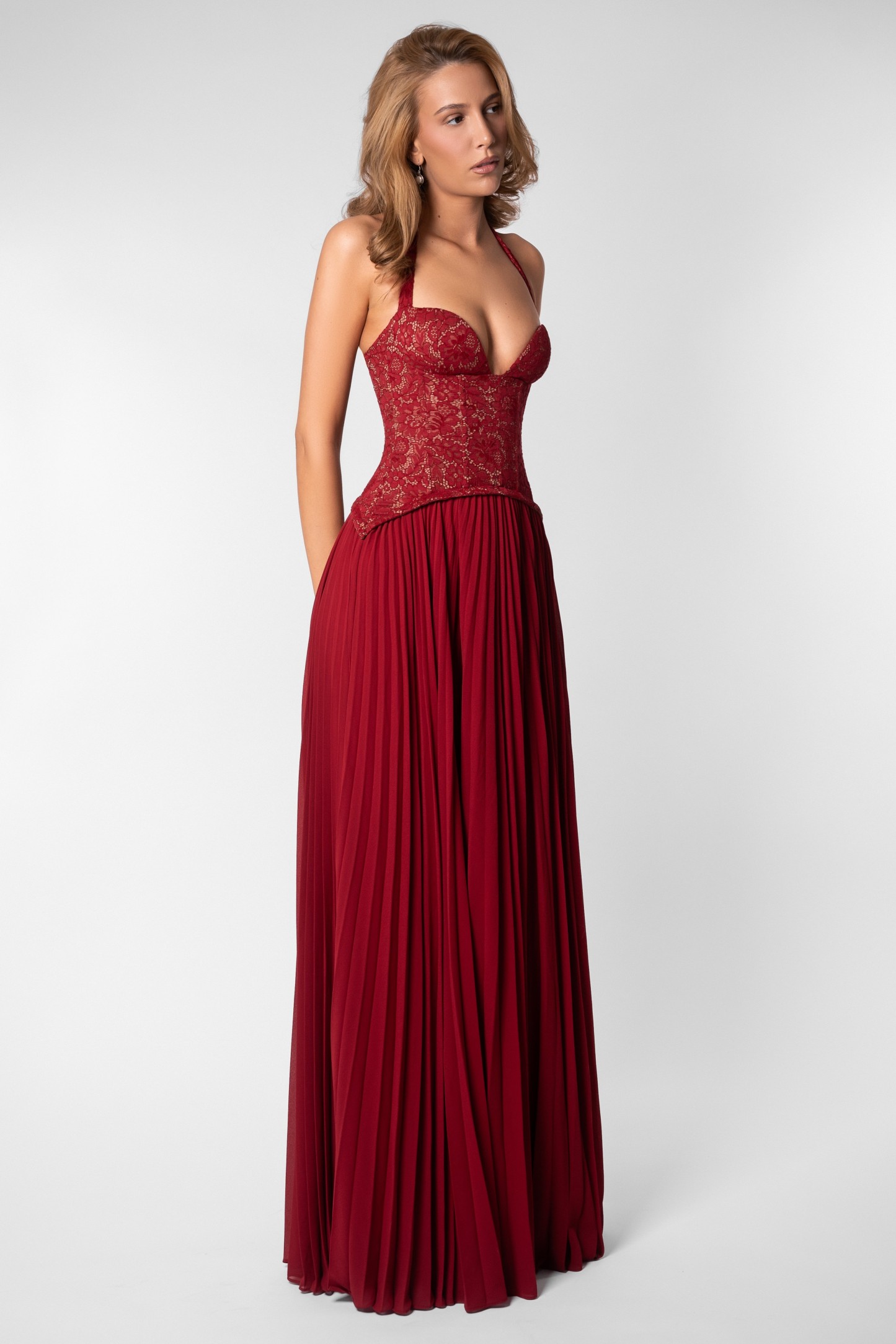 Sweetheart Neck Lace Splicing Chiffon Pleated Maxi Dress