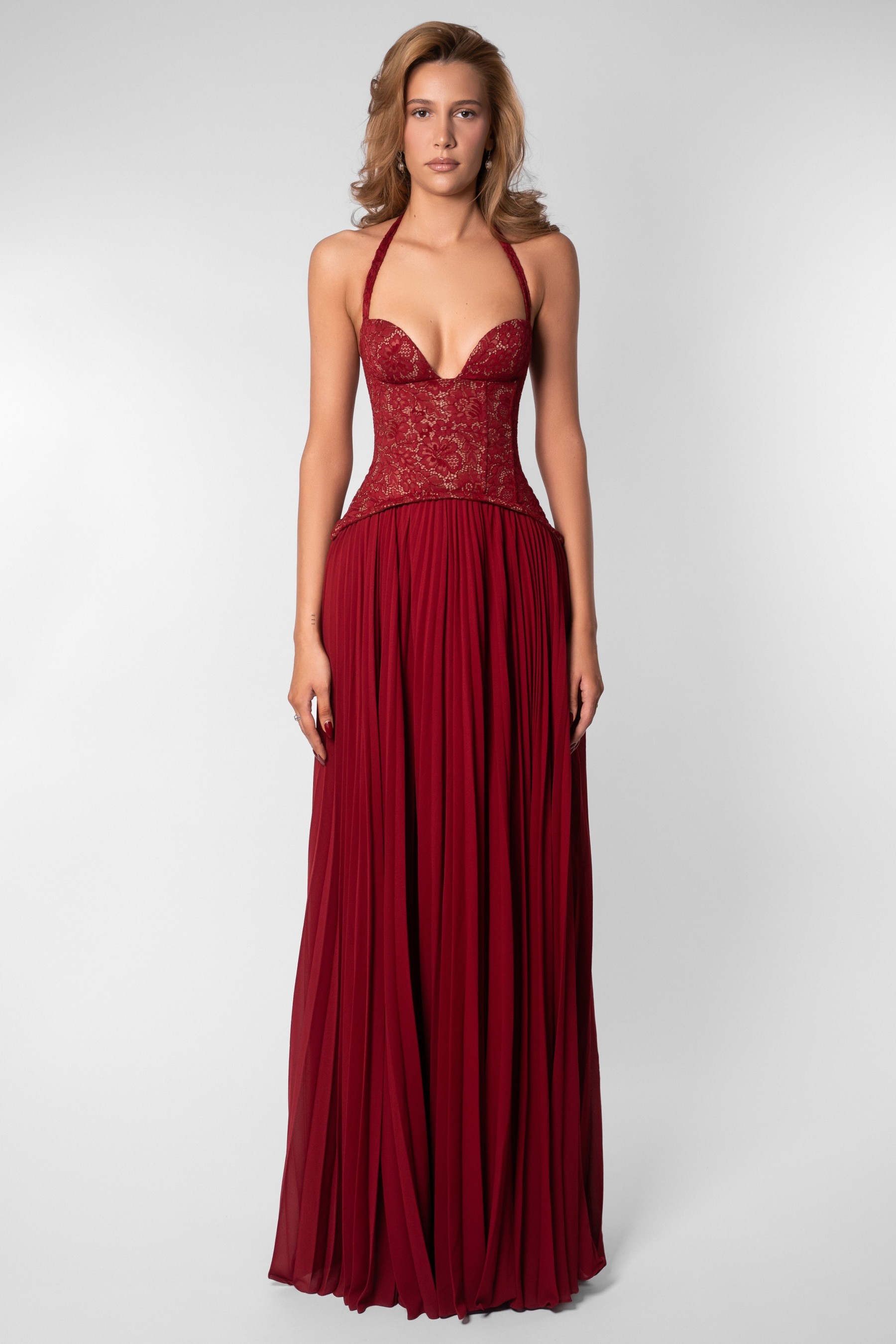 Sweetheart Neck Lace Splicing Chiffon Pleated Maxi Dress