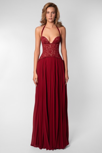 Sweetheart Neck Lace Splicing Chiffon Pleated Maxi Dress