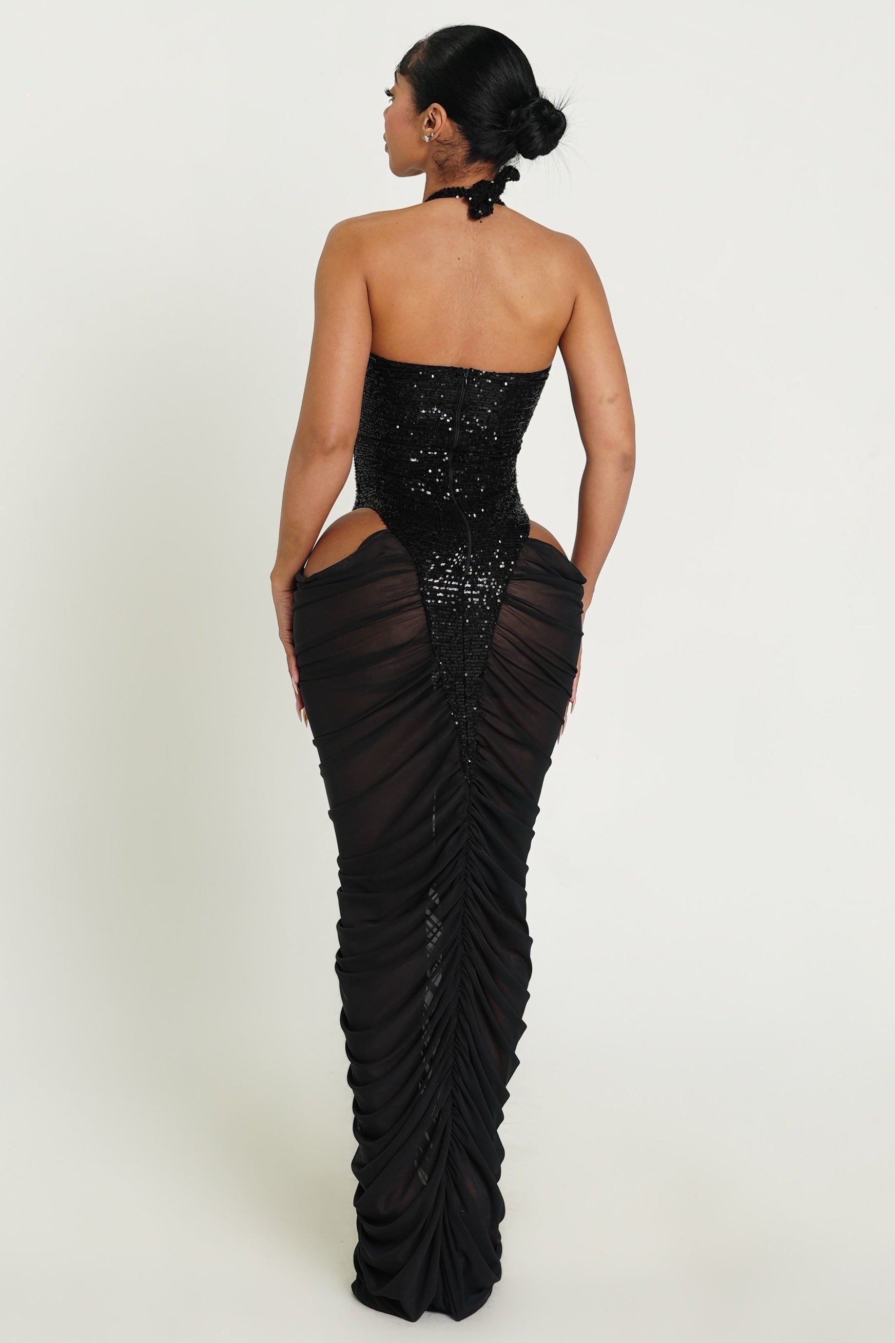 Sequin Splicing Mesh Cut-Out Maxi Dress