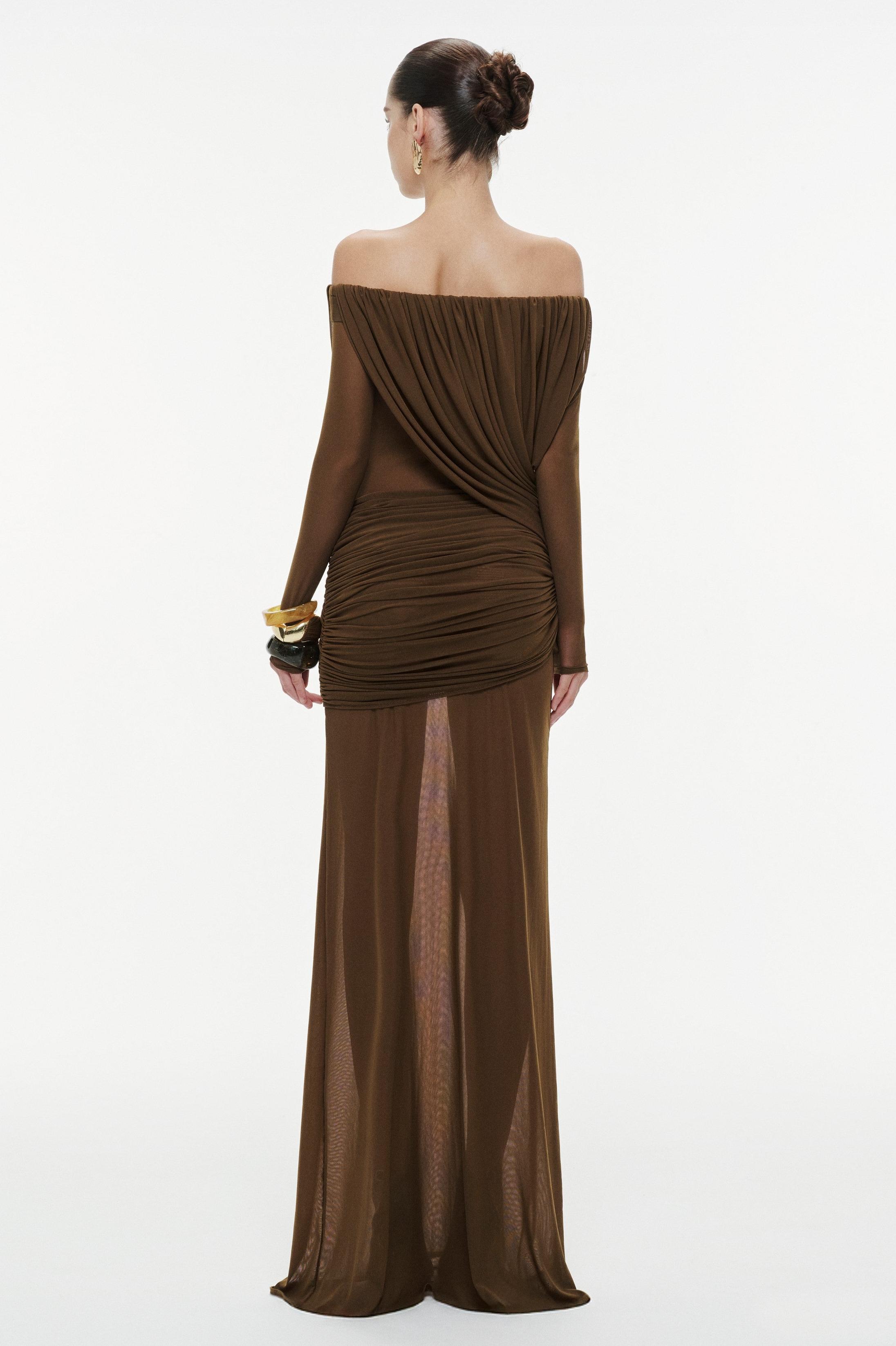 Mesh Asymmetrical Gathering Long Sleeve Maxi Dress