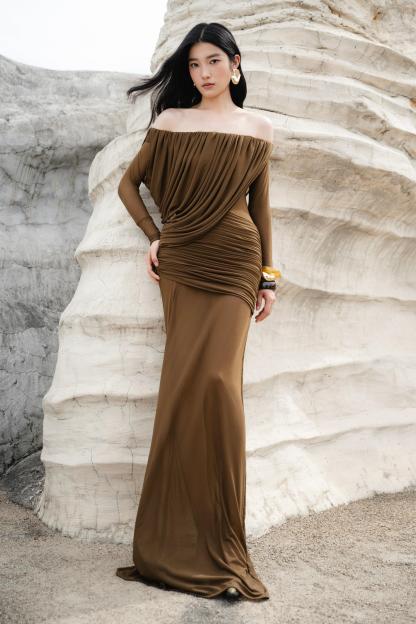 Mesh Asymmetrical Gathering Long Sleeve Maxi Dress