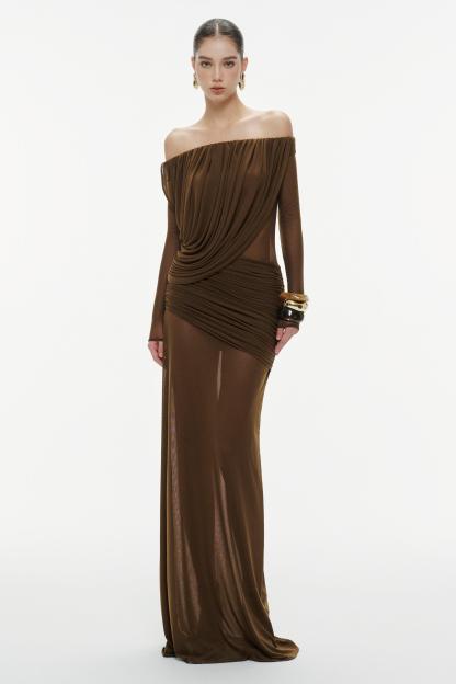 Mesh Asymmetrical Gathering Long Sleeve Maxi Dress