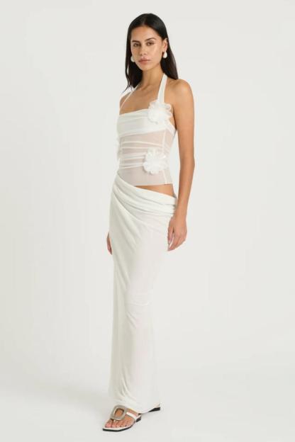 3D Flower Mesh Cut-Out Maxi Dress