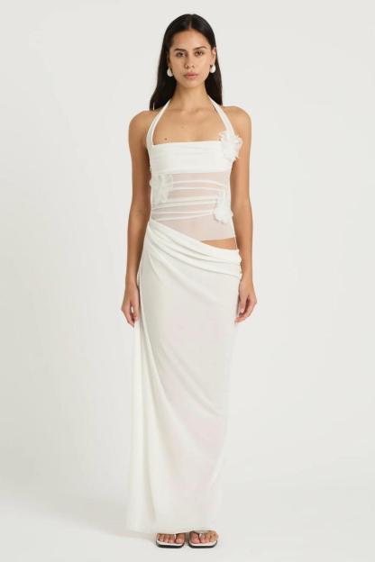 3D Flower Mesh Cut-Out Maxi Dress