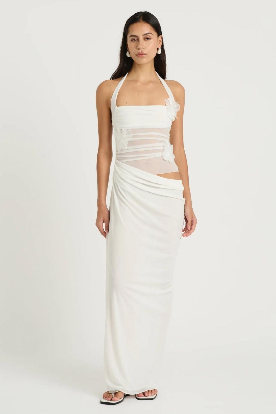 3D Flower Mesh Cut-Out Maxi Dress