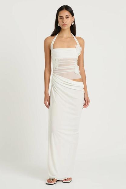 3D Flower Mesh Cut-Out Maxi Dress