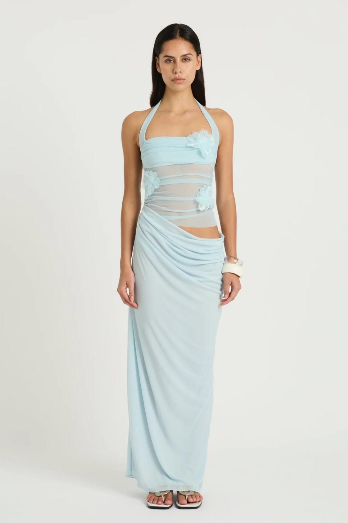 3D Flower Mesh Cut-Out Maxi Dress