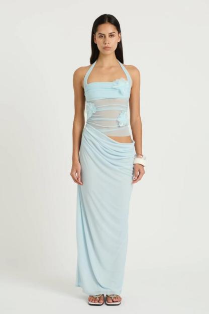 3D Flower Mesh Cut-Out Maxi Dress