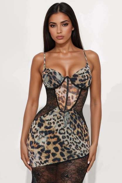 Leopard Print Splicing Lace See-Through Maxi Dress