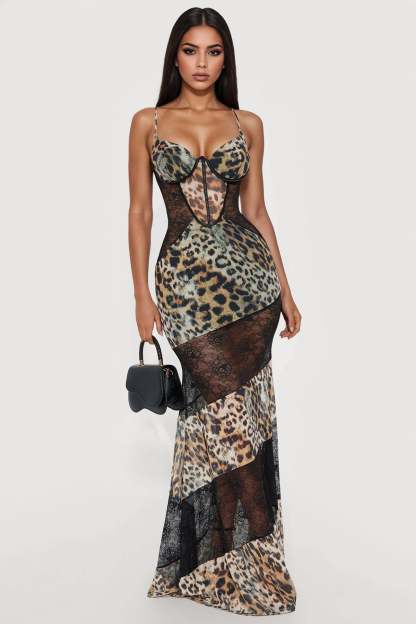 Leopard Print Splicing Lace See-Through Maxi Dress