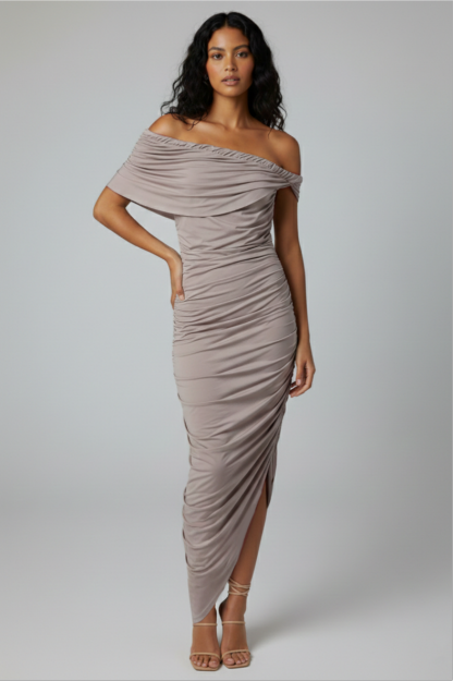 Solid Ruched Off-Shoulder Maxi Dress