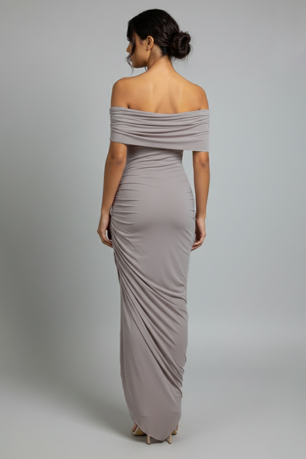 Solid Ruched Off-Shoulder Maxi Dress