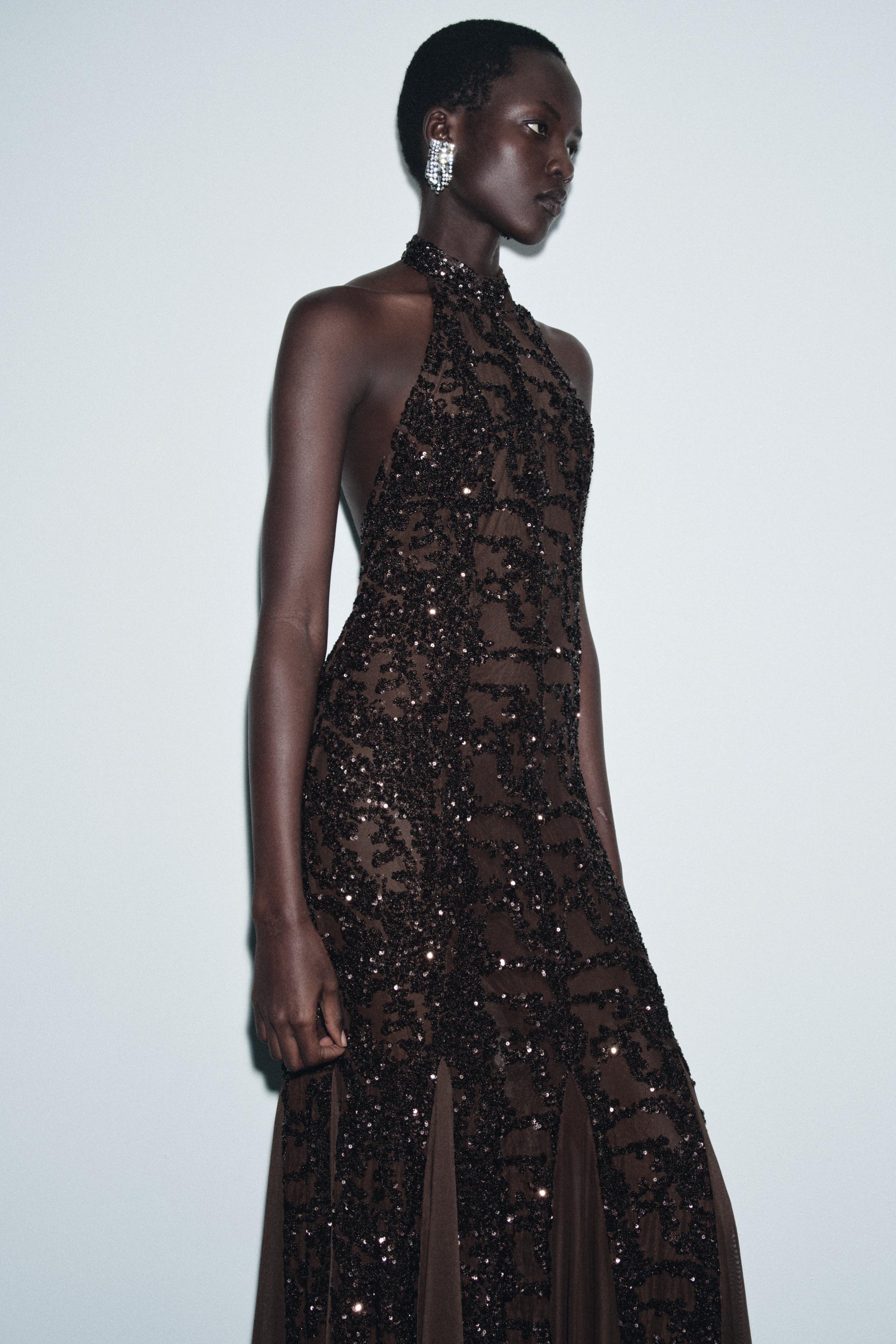 Sequin Sleeveless Halter Neck Maxi Dress