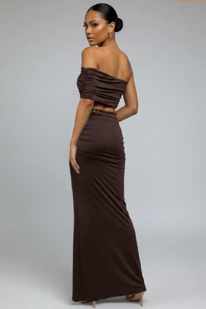 Skew Collar Gathering Top & Beaded Maxi Skirt Set