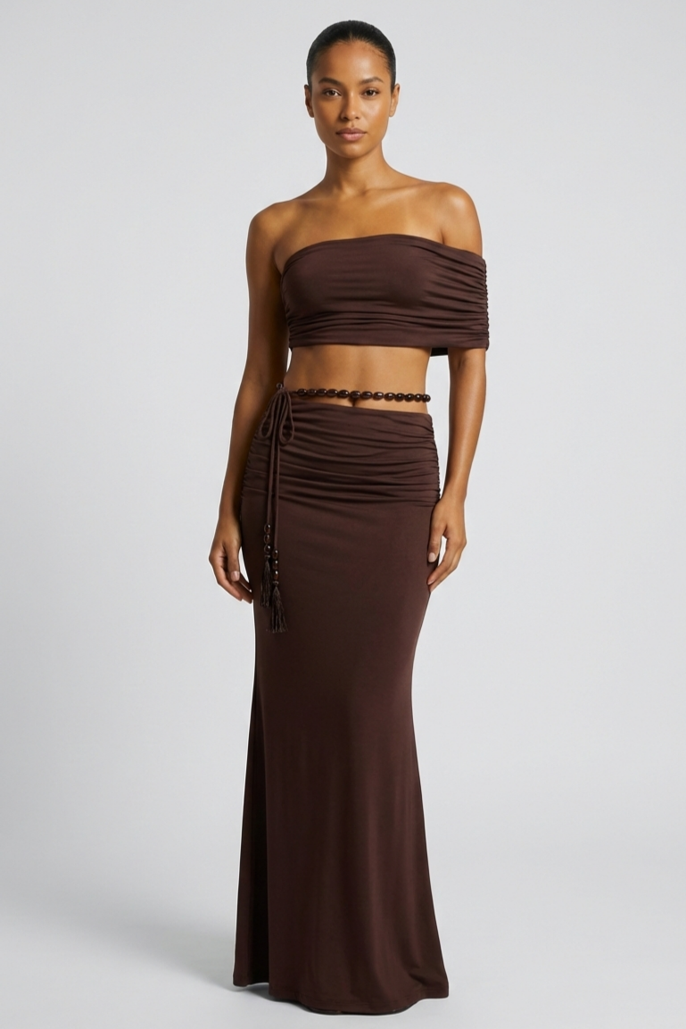 Skew Collar Gathering Top & Beaded Maxi Skirt Set