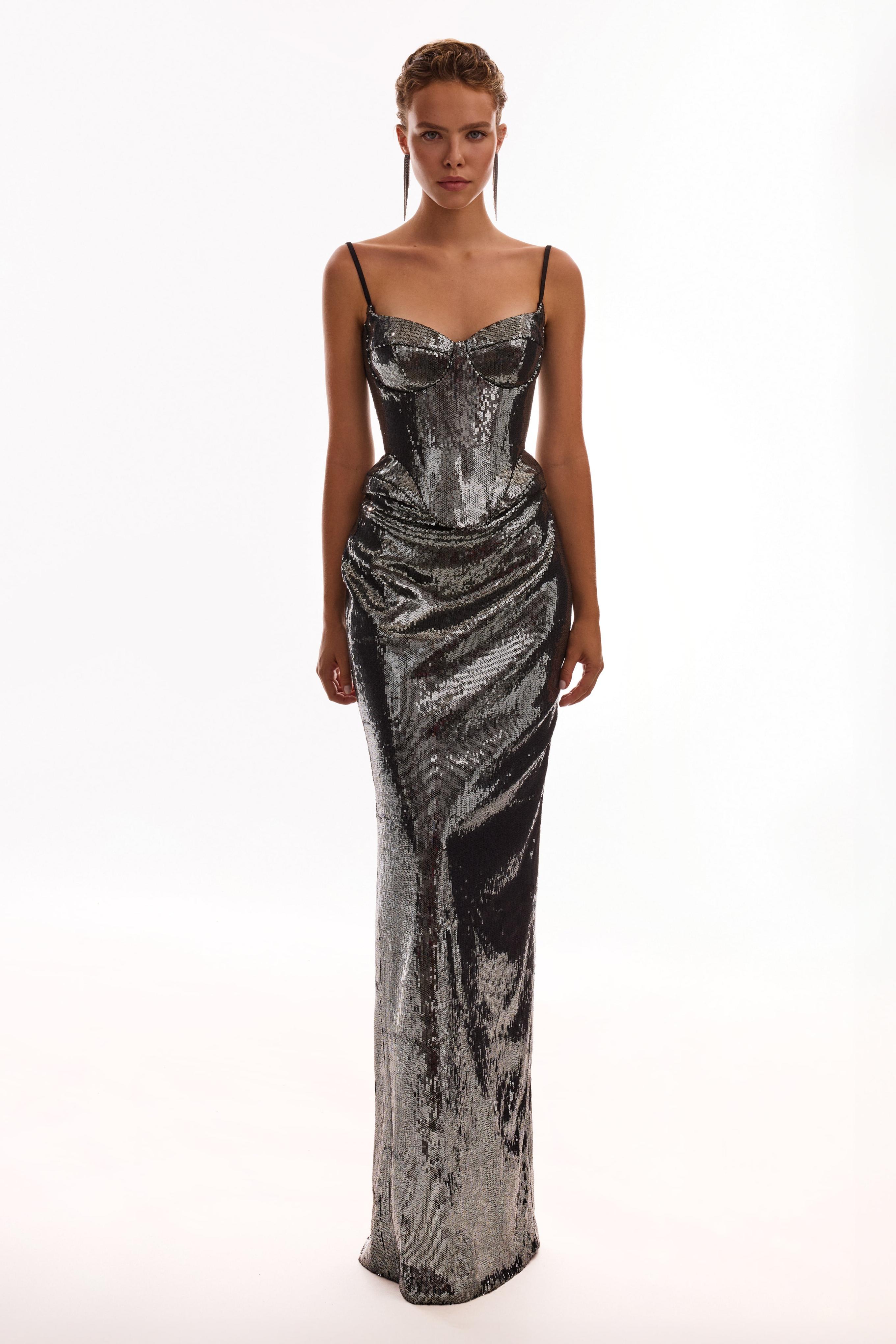 Sequin Lace-Up Sweetheart Neck Top & Mid Waist Slit Maxi Skirt Set