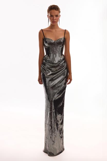 Sequin Lace-Up Sweetheart Neck Top & Mid Waist Slit Maxi Skirt Set