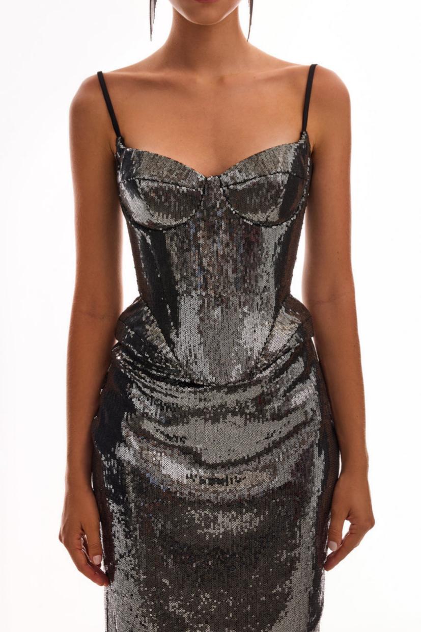 Sequin Lace-Up Sweetheart Neck Top & Mid Waist Slit Maxi Skirt Set