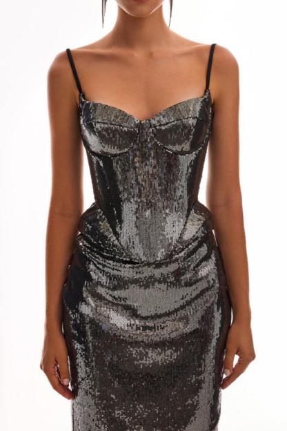 Sequin Lace-Up Sweetheart Neck Top & Mid Waist Slit Maxi Skirt Set