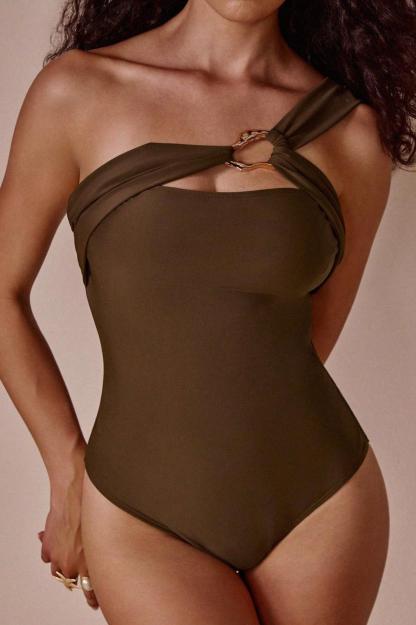 Metal Decorations  One-Shoulder Ruffle Two Piece Swimsuit